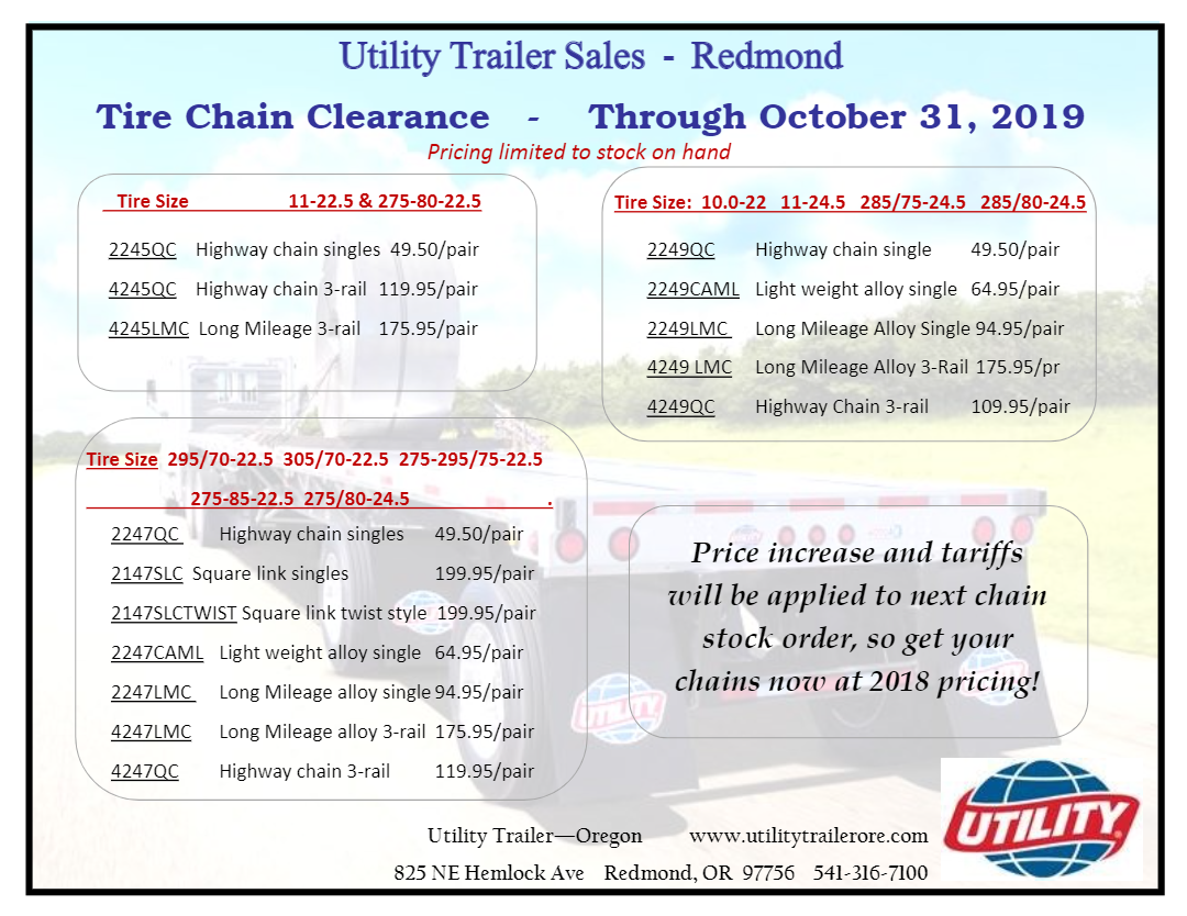 Tire Chain Clearance Specials October 2019 Utility Trailer Sales Oregon