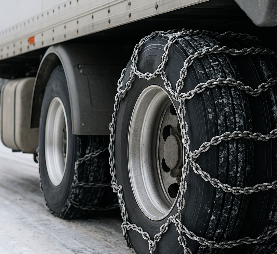 Close-up of a truck tire with snow chains showing winter chain requirements for safe commercial driving.